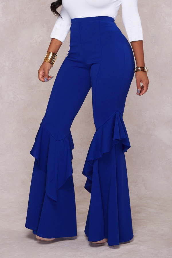 Euramerican Mid Waist Falbala Design Blue Polyester Wide Leg Pants