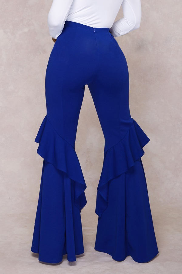  Euramerican Mid Waist Falbala Design Blue Polyester Wide Leg Pants