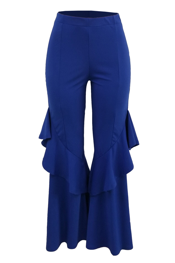  Euramerican Mid Waist Falbala Design Blue Polyester Wide Leg Pants