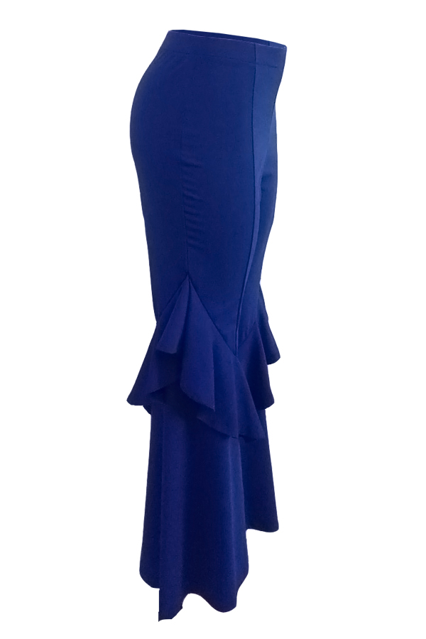  Euramerican Mid Waist Falbala Design Blue Polyester Wide Leg Pants