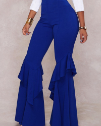 Euramerican Mid Waist Falbala Design Blue Polyester Wide Leg Pants