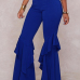  Euramerican Mid Waist Falbala Design Blue Polyester Wide Leg Pants