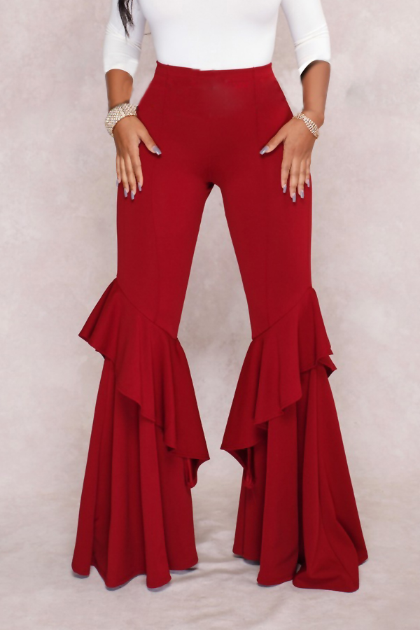  Euramerican Mid Waist Falbala Design Red Polyester Wide Leg Pants