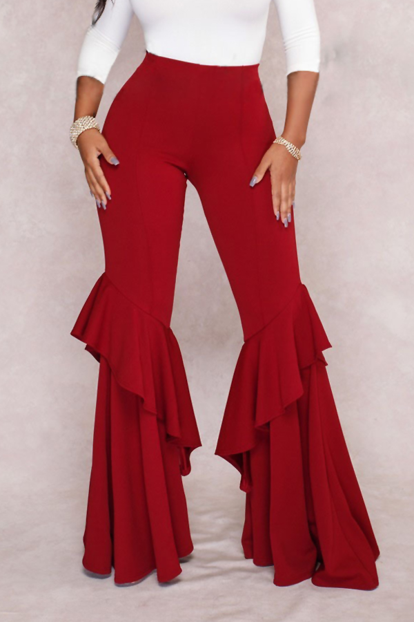  Euramerican Mid Waist Falbala Design Red Polyester Wide Leg Pants