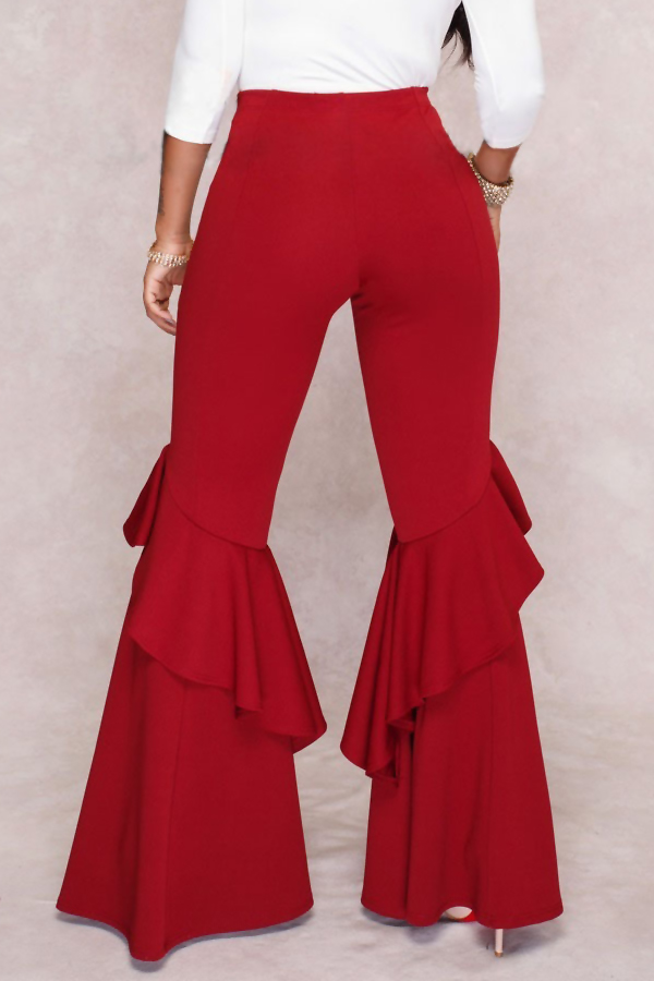  Euramerican Mid Waist Falbala Design Red Polyester Wide Leg Pants