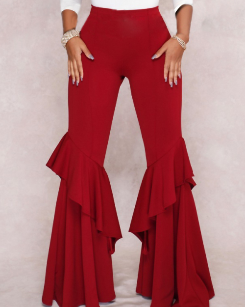 Euramerican Mid Waist Falbala Design Red Polyester Wide Leg Pants Euramerican Mid Waist Falbala Design Red Polyester Wide Leg Pants