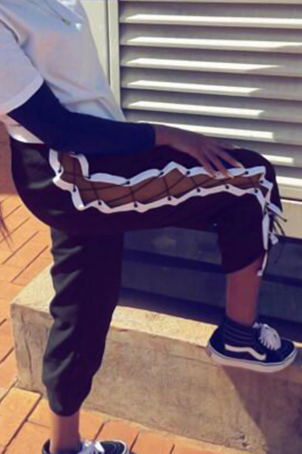  Fashion Elastic Waist Lace-up Black Polyester Pants