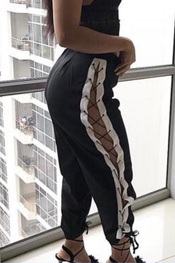  Fashion Elastic Waist Lace-up Black Polyester Pants