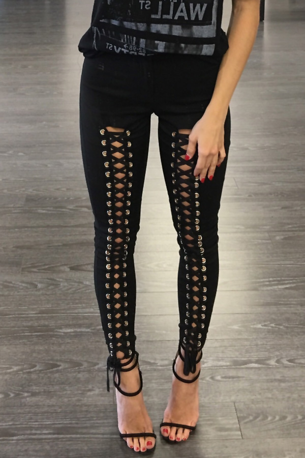 Fashion High Elastic Waist Lace-up Black Polyester Leggings