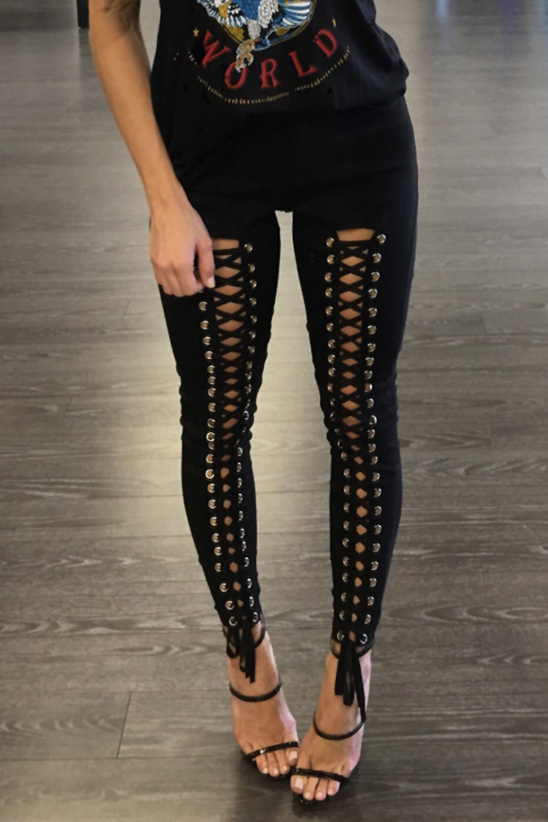  Fashion High Elastic Waist Lace-up Black Polyester Leggings