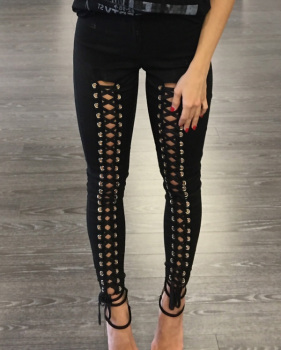  Fashion High Elastic Waist Lace-up Black Polyester Leggings
