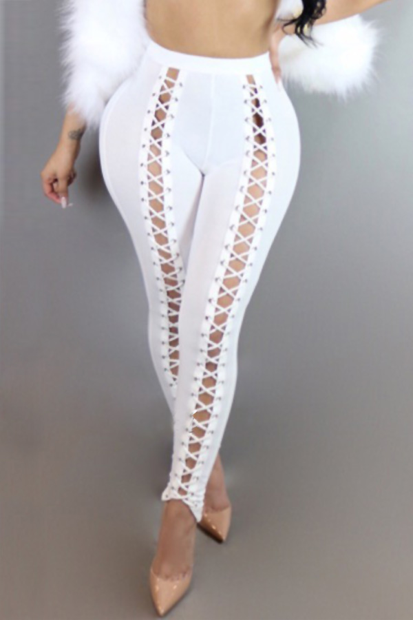  Fashion High Elastic Waist Lace-up White Polyester Leggings