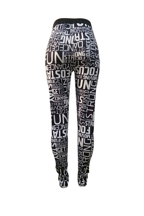  Fashion High Elastic Waist Letters Printed Black Polyester Leggings