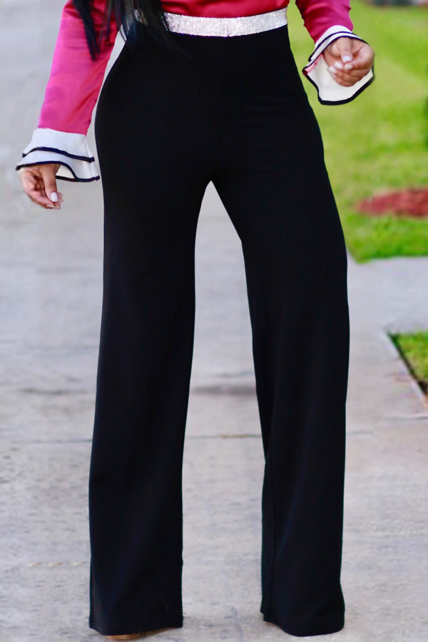  Fashion High Waist Patchwork Black Polyester Zipped Pants