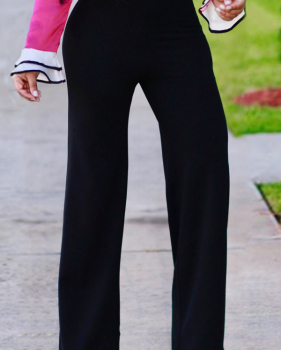  Fashion High Waist Patchwork Black Polyester Zipped Pants