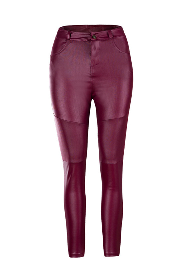  Fashion High Waist Wine Red Leather Zipped Pants