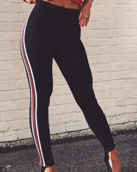 Fashionable High Waist Striped Patchwork Black Cotton Blends Pants Fashionable High Waist Striped Patchwork Black Cotton Blends Pants