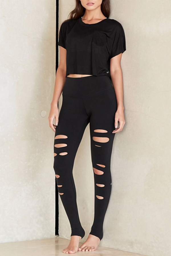  Leisure Elastic Waist Broken Holes Black Polyester Pants