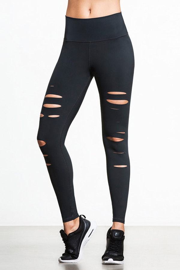  Leisure Elastic Waist Broken Holes Black Polyester Pants