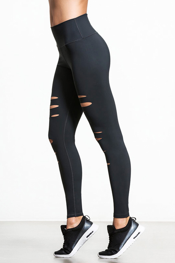  Leisure Elastic Waist Broken Holes Black Polyester Pants