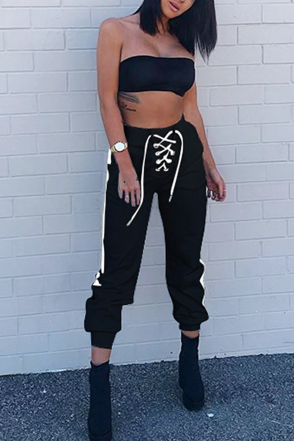  Leisure Elastic Waist Lace-up Black Cotton Blends Pants