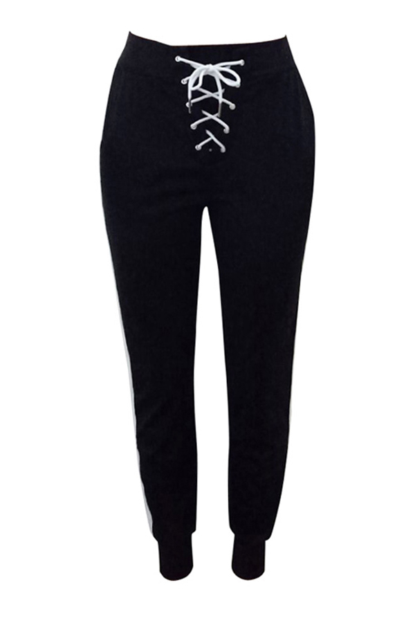  Leisure Elastic Waist Lace-up Black Cotton Blends Pants