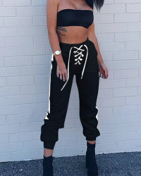  Leisure Elastic Waist Lace-up Black Cotton Blends Pants