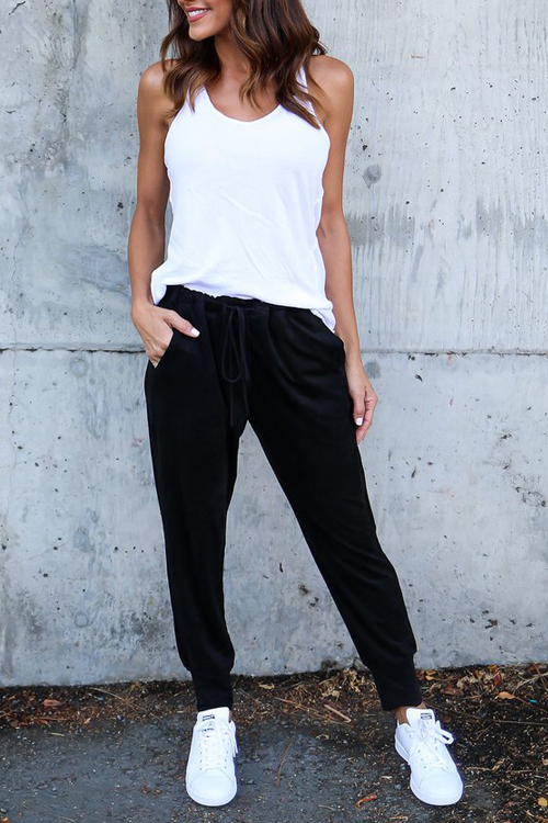  Leisure Elastic Waist Lace-up Black Polyester Pants