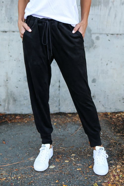  Leisure Elastic Waist Lace-up Black Polyester Pants