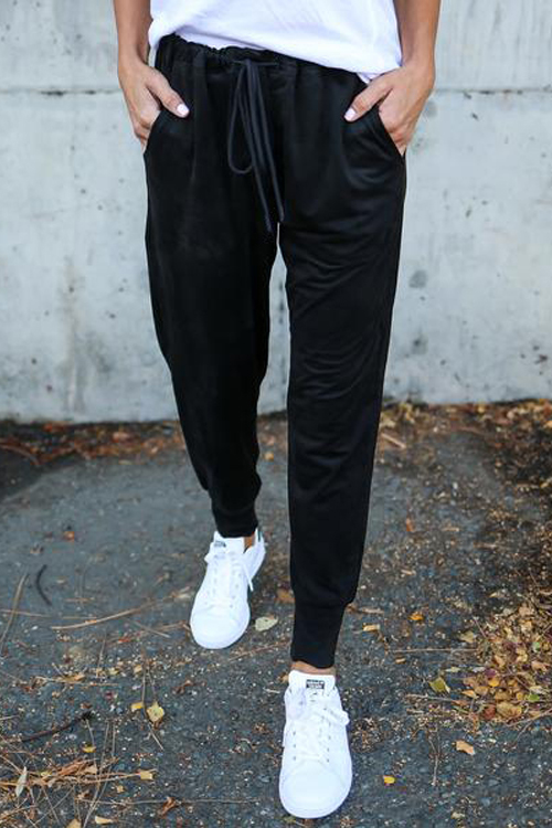  Leisure Elastic Waist Lace-up Black Polyester Pants