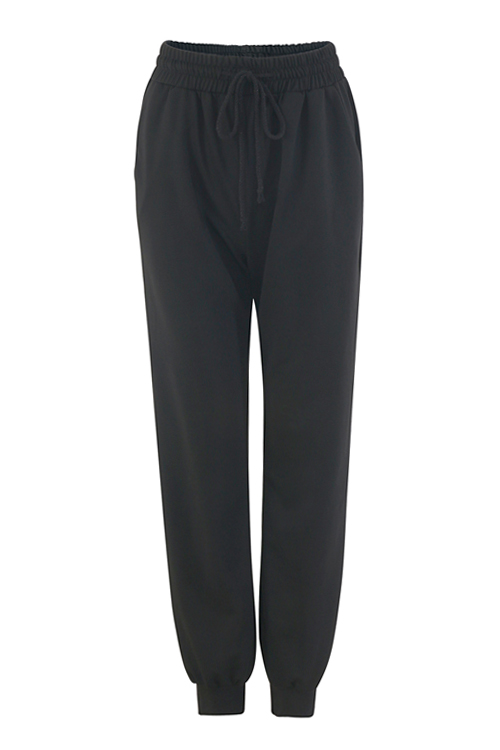  Leisure Elastic Waist Lace-up Black Polyester Pants