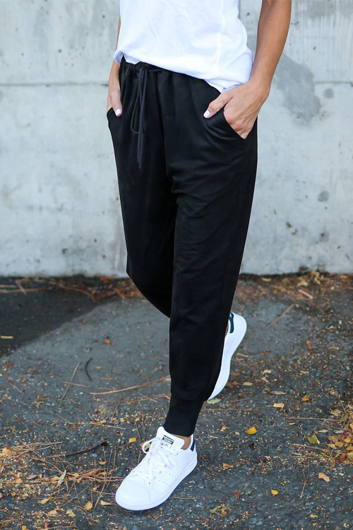  Leisure Elastic Waist Lace-up Black Polyester Pants