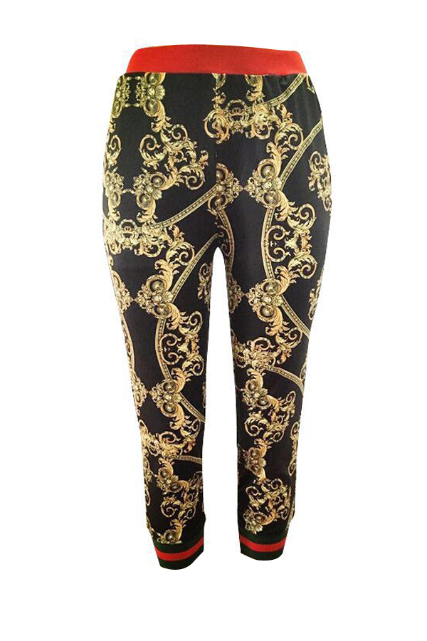  Leisure Elastic Waist Printed Black Polyester Capris Pants