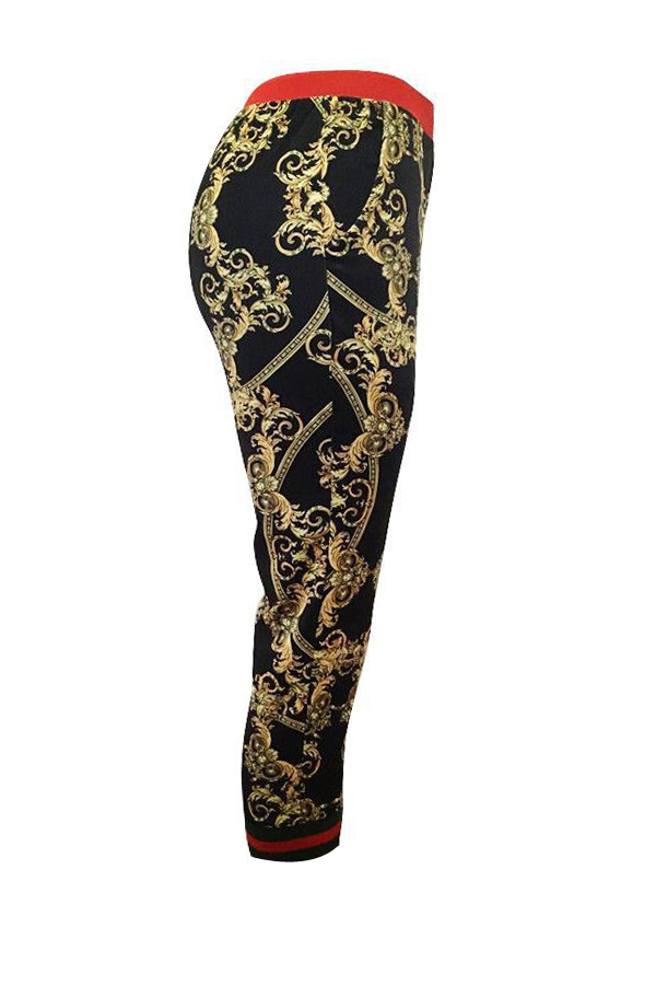  Leisure Elastic Waist Printed Black Polyester Capris Pants