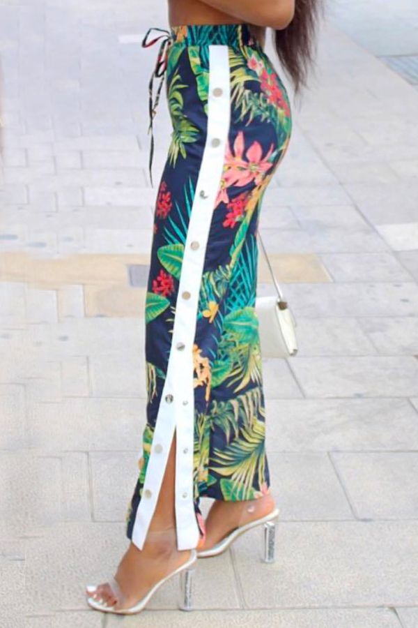  Polyester Print Elastic Waist Mid Straight Pants Pants