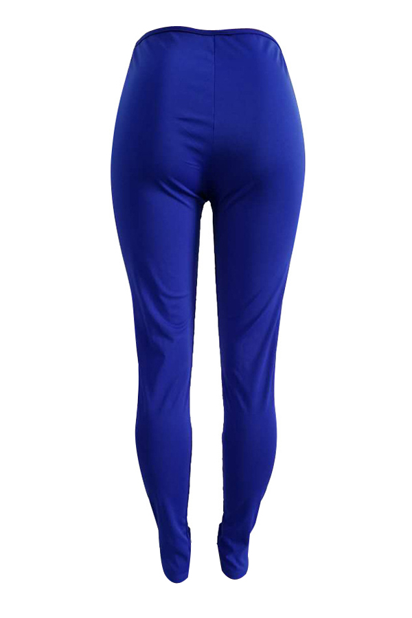  Sexy High Waist Hollow-out Blue Polyester Pants