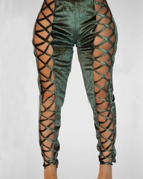 Sexy High Waist Hollow-out Green Pleuche Pants Sexy High Waist Hollow-out Green Pleuche Pants