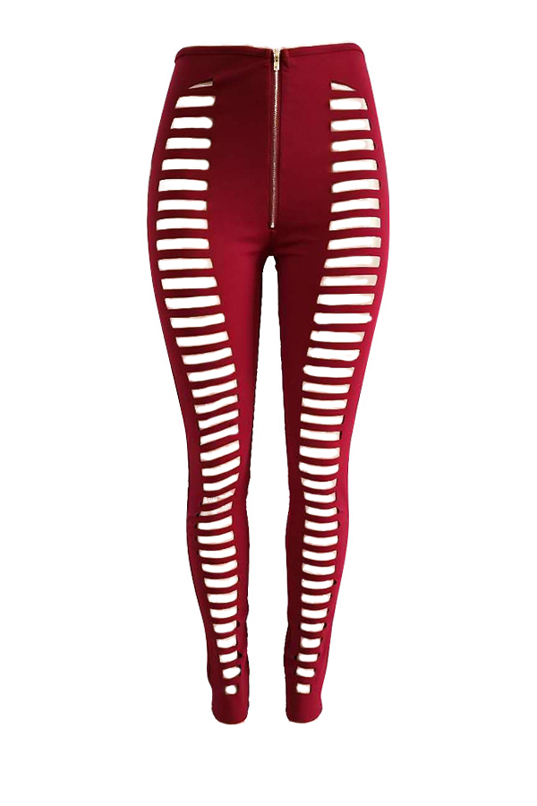  Sexy High Waist Hollow-out Wine Red Polyester Pants