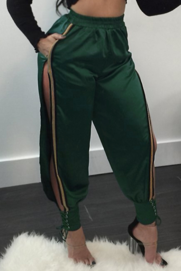  Sexy Mid Waist High Side Slit Green Polyester Pants