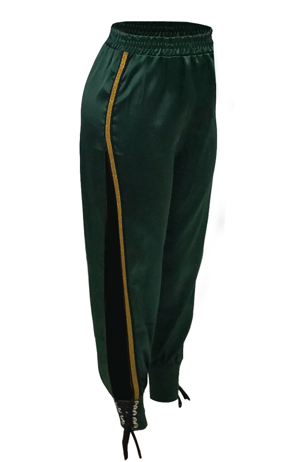  Sexy Mid Waist High Side Slit Green Polyester Pants