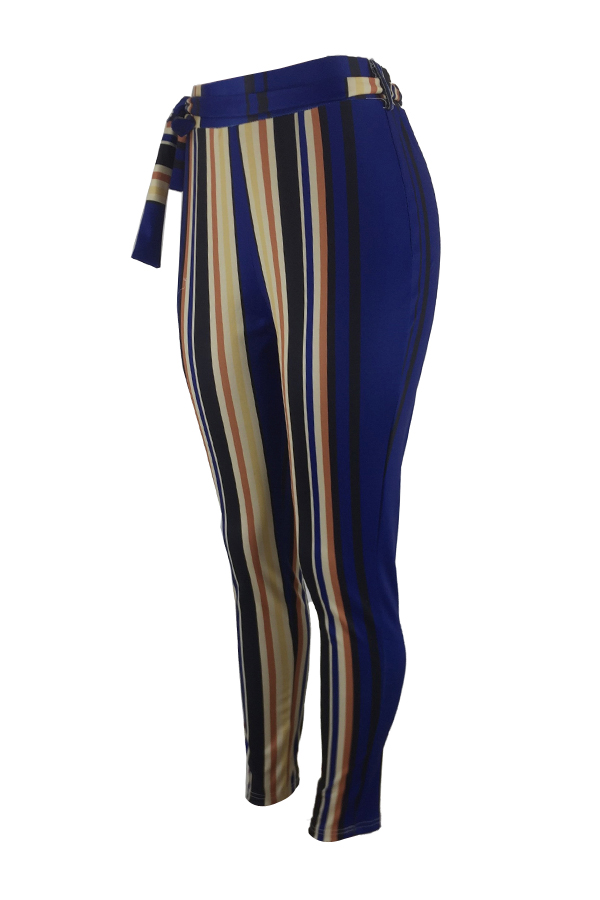  Stylish Elastic Waist Lace-up Blue Polyester Pants