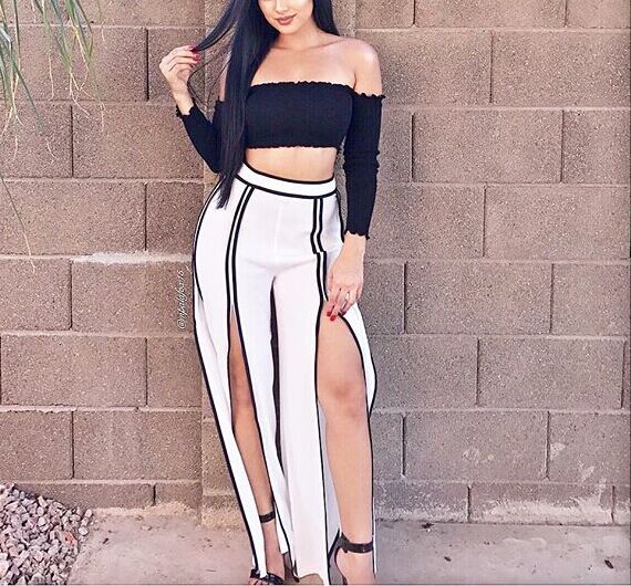  Stylish High Waist Split White Polyester Pants