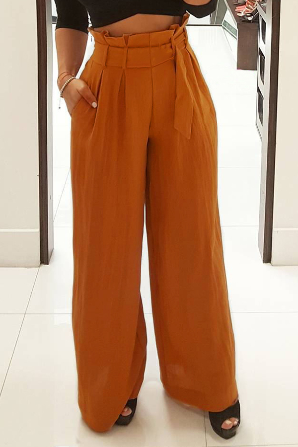  Stylish High Waist Yellow Cotton Pants(With Belt)