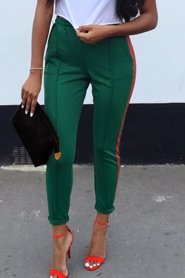  Stylish Mid Elastic Waist Striped Green Cotton Blends Pants