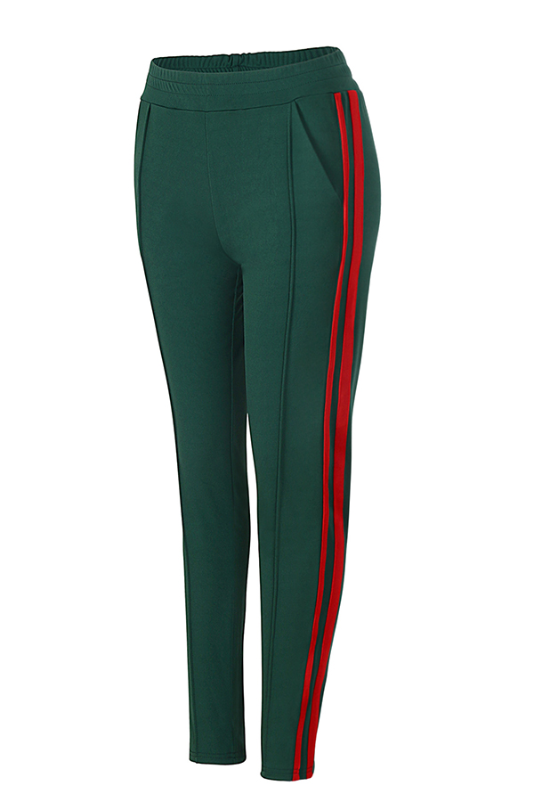  Stylish Mid Elastic Waist Striped Green Cotton Blends Pants