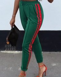  Stylish Mid Elastic Waist Striped Green Cotton Blends Pants