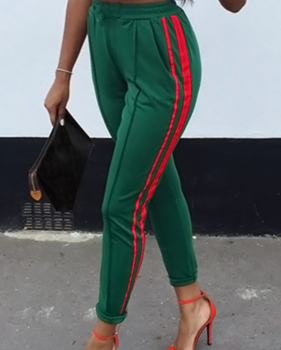  Stylish Mid Elastic Waist Striped Green Cotton Blends Pants
