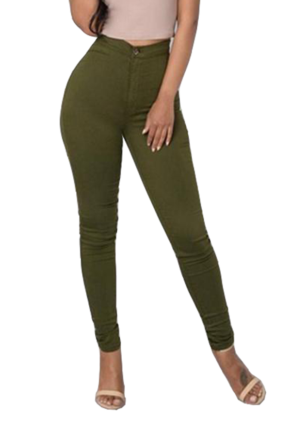  Stylish Mid Waist Green Cotton Blends Pants