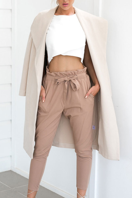  Trendy Elastic Waist Lace-up Khaki Cotton Blends Pants