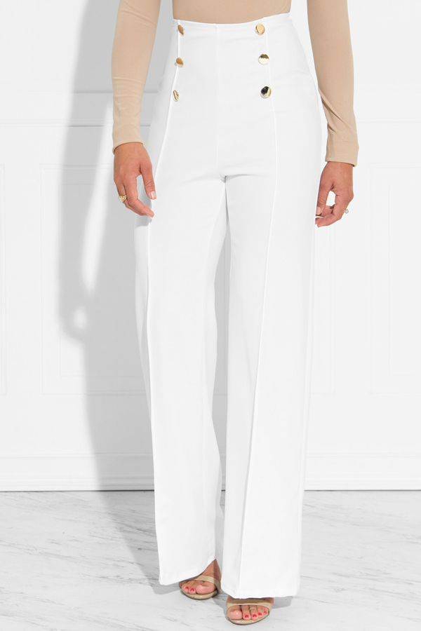  Trendy High Elastic Waist White Polyester Pants